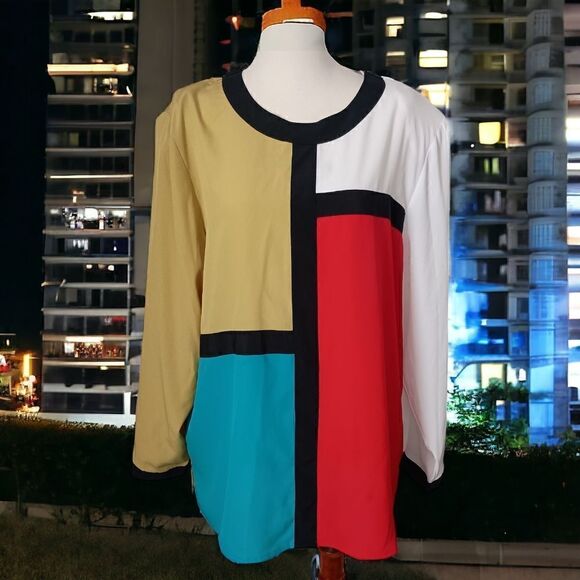 Galinda Wang Career Blouse 16W Silky Plus Size Colorblock Office Siren Corpcore - Picture 13 of 15